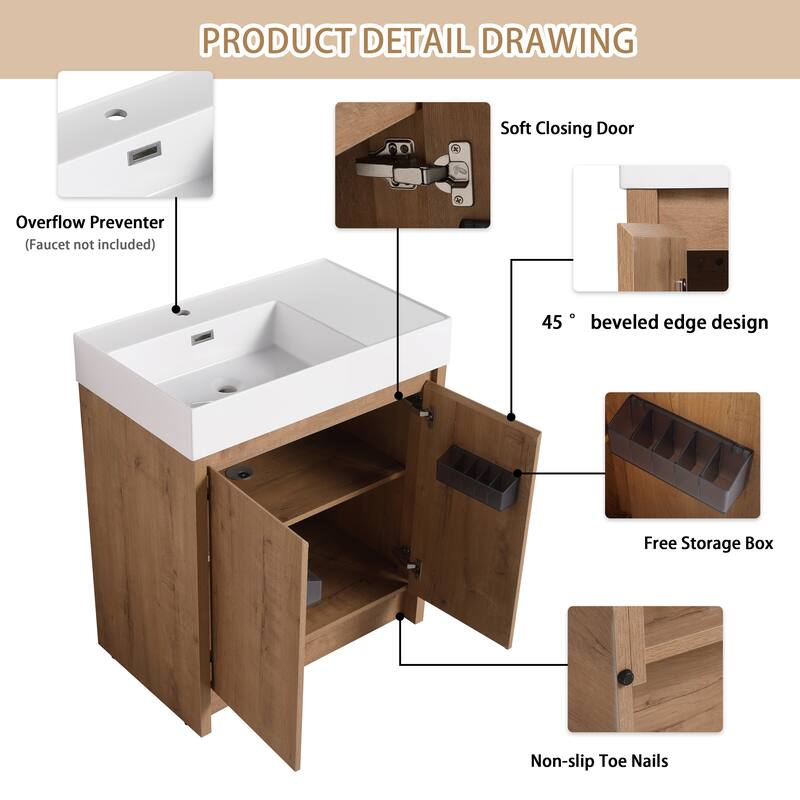 BNK 24/30/48/60 inch Freestanding Resin Sink Bathroom Vanity with Soft Close Door and Adjustable Shelf