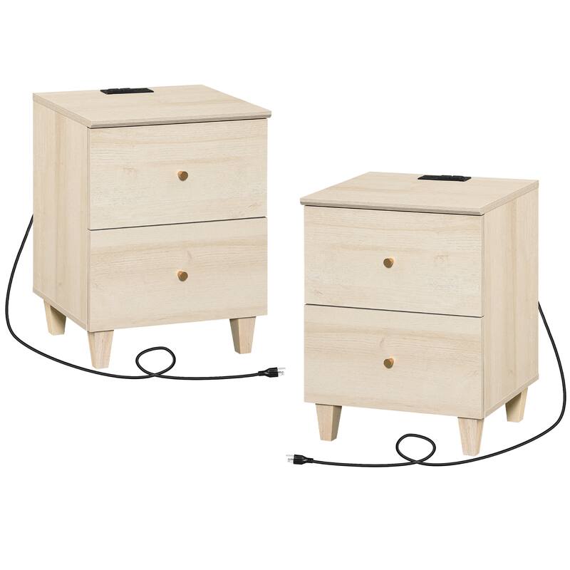 2 Drawer Nightstands with Charging Station for Bedroom - Light Oak-2 Packs - 2-drawer