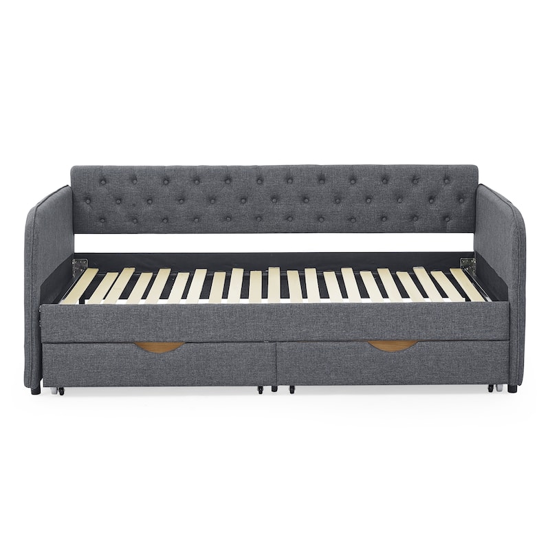 Roomfitters Twin Upholstered Daybed with Trundle, Underbed Storage and Flat Arms with Side Pocket, Extendable Design