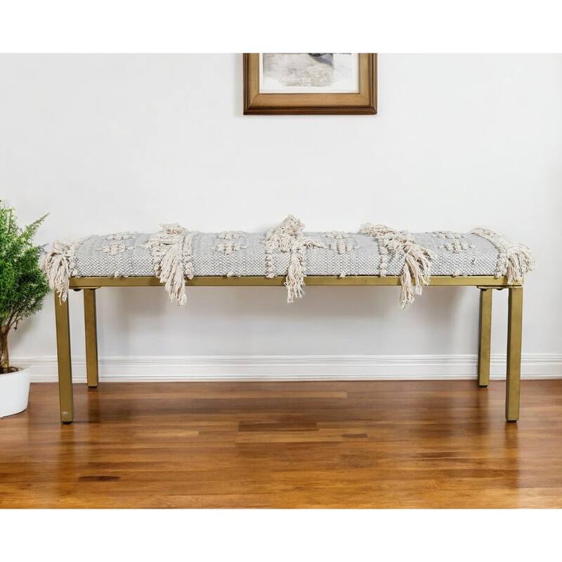HomeRoots 47" Gray Ivory and Gold Geometric Cotton Upholstered Bench - 47' X '18' X '16 - 47' X '18' X '16