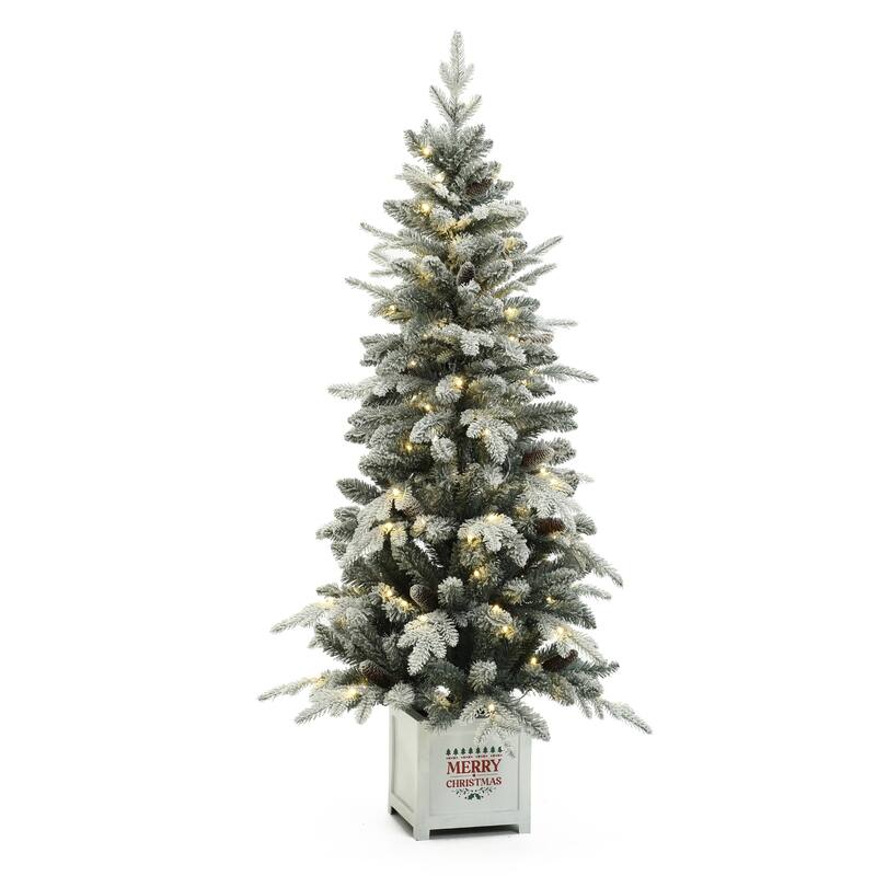 5Ft Pre-Lit Snow Flocked Full Pine Potted Artificial Christmas Tree - 60" H x 31.5" Diameter
