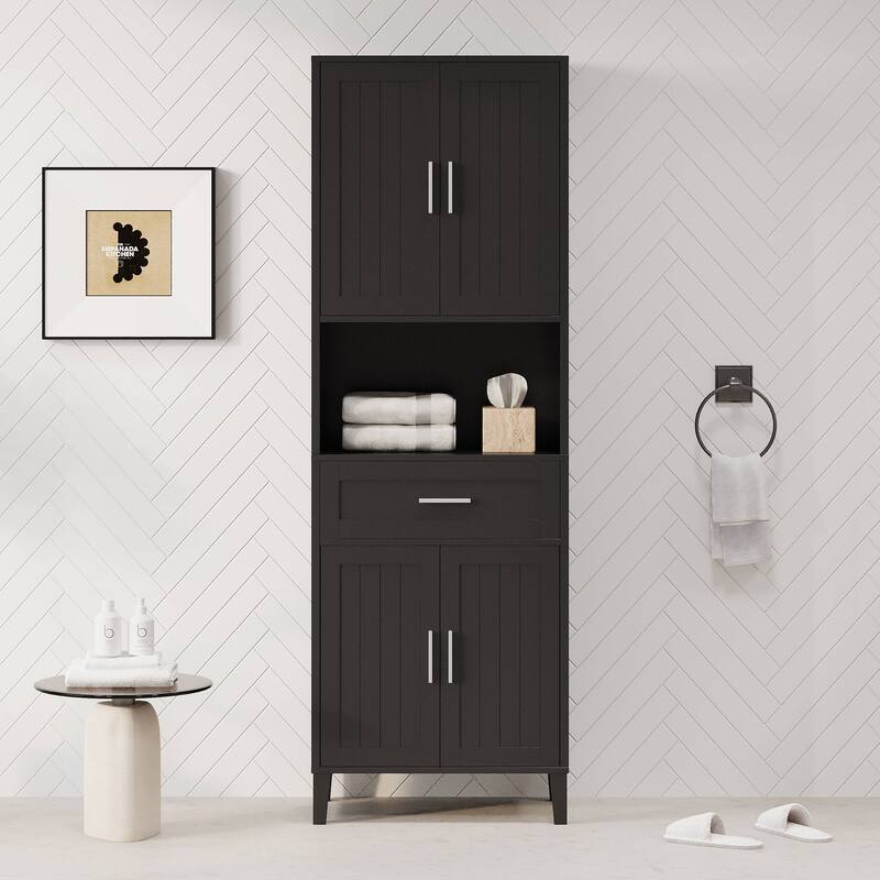 Modern 70.9” Tall Freestanding Bathroom Cabinet with Drawer and Soft-Close Doors - Black