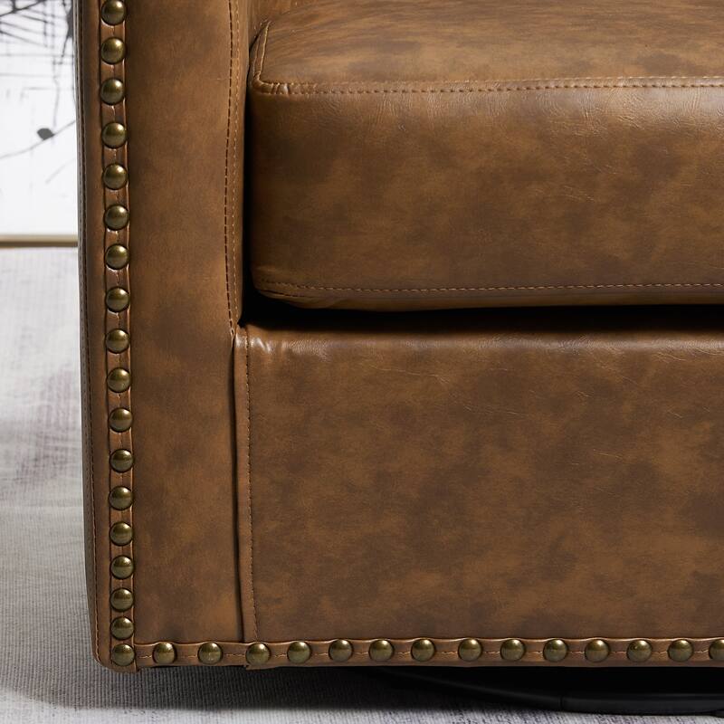 KINWELL 29" Wide Tufted PU Leather Swivel Barrel Chair