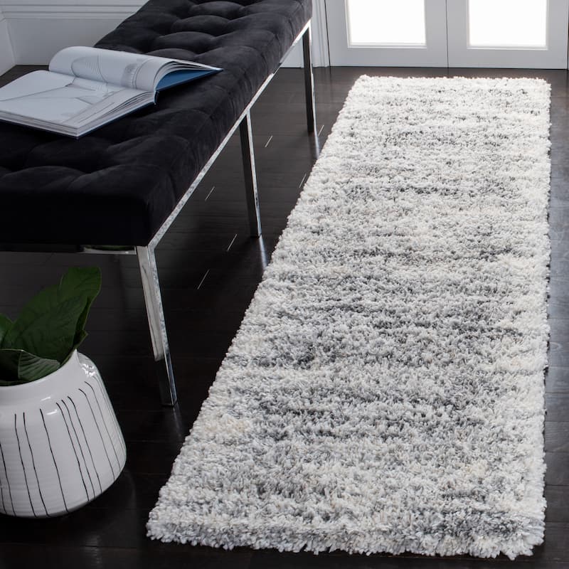 SAFAVIEH Fontana Shag Fatema Modern Abstract 2-inch Thick Rug - 2'3" x 12' Runner - Ivory/Grey