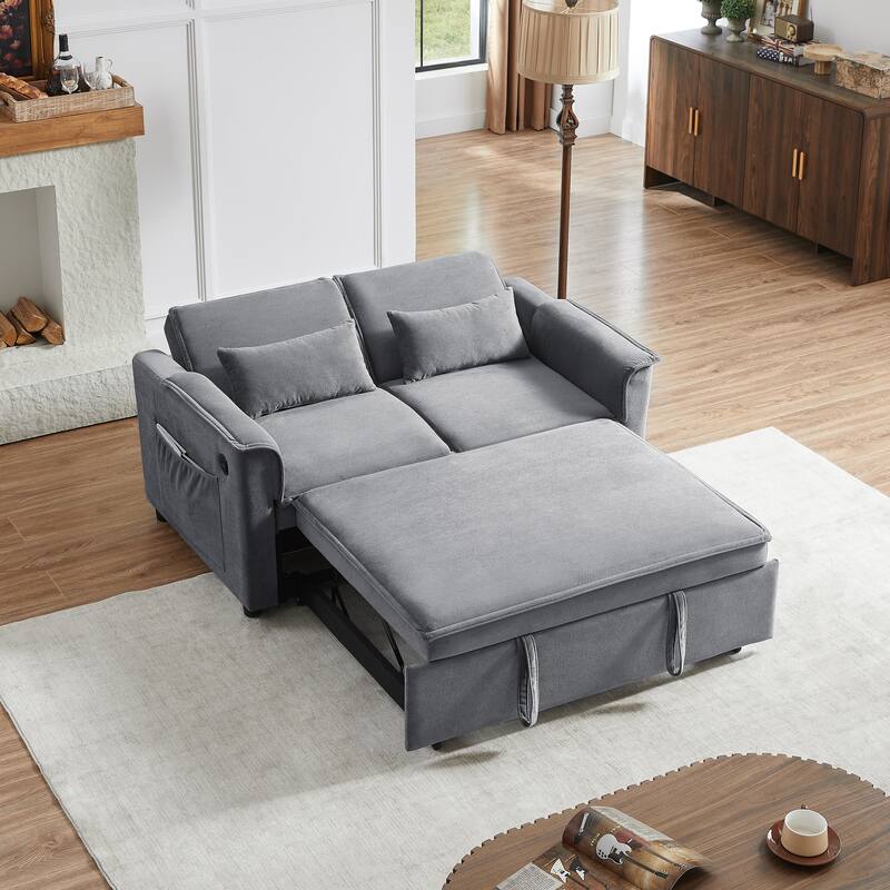 55" Fabric Sofa Bed with Sleeper, Adjustable Backrest & 2 Lumbar Pillows