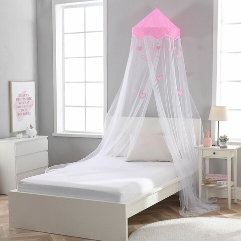 Sweetheart Round Collapsible Pink Heart Hoop Sheer Mosquito Bed Canopy - White/Pink - 23" x 23" x 96"L