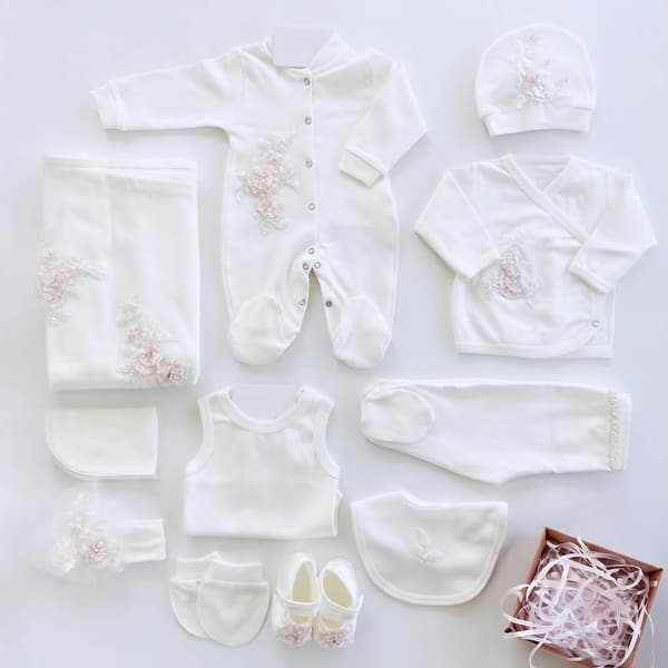 slide 2 of 4, 3D Floral Newborn First Outfit Set - 10 piece White