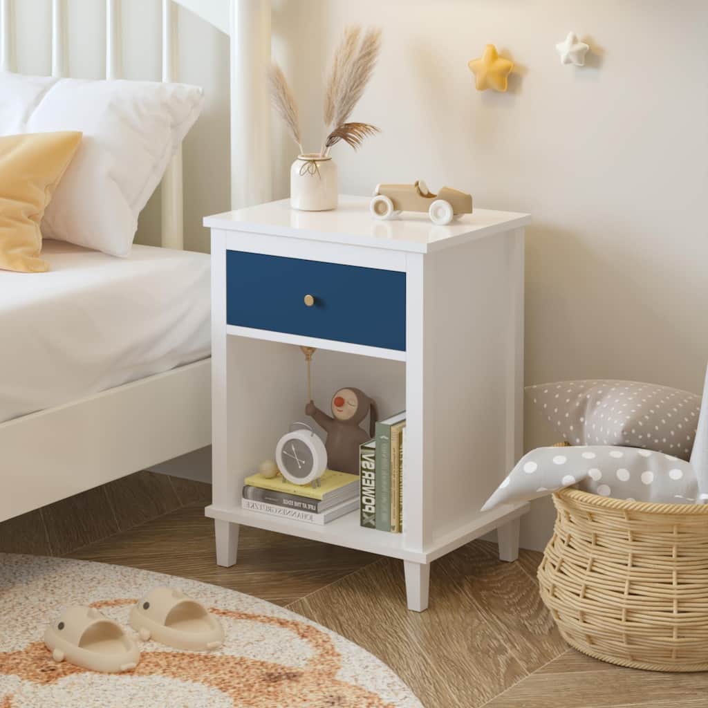 26.77" H Wooden Nightstand with One Drawer One Shelf for Kids, Adults, Navy+Golden handle