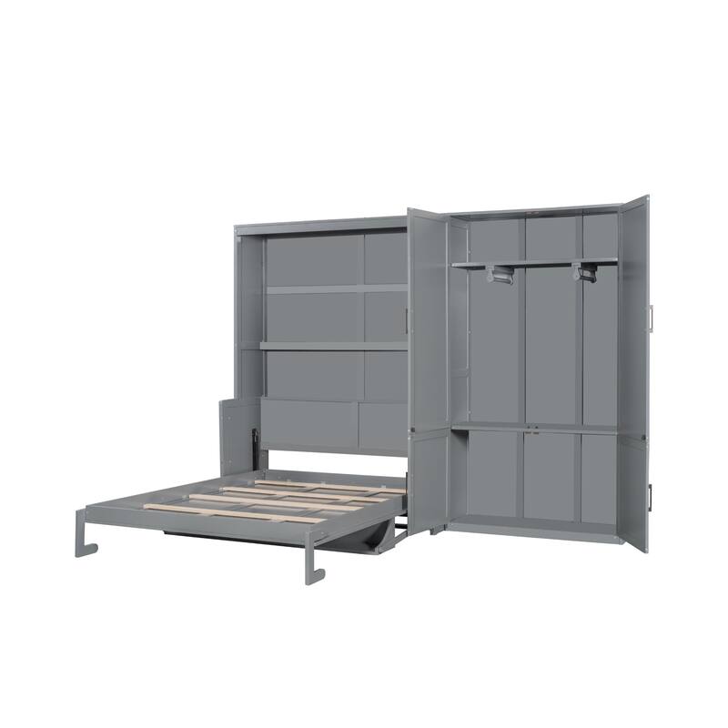 Queen Size Wall Bed with Closet and Hydraulic Lift System, Space-Saving Design, Gray