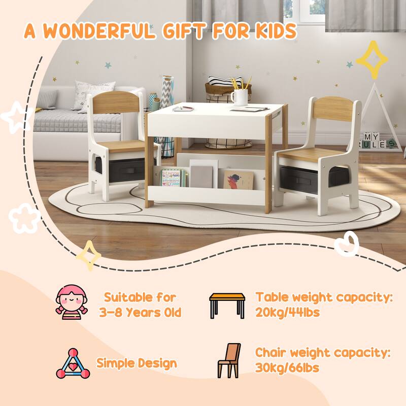 3 Piece Kids Table and Chair Set,2 in 1 Toddler Table and Chair Set with Reversible Tabletop Blackboard