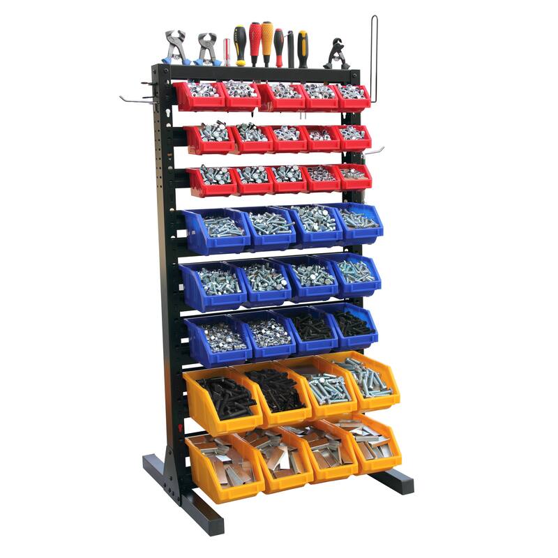King's Rack Hanging Bin Rack Storage System Heavy Duty Steel Rack Organizer Shelving Unit w/ 70 Plastic Bins in 8 tiers.