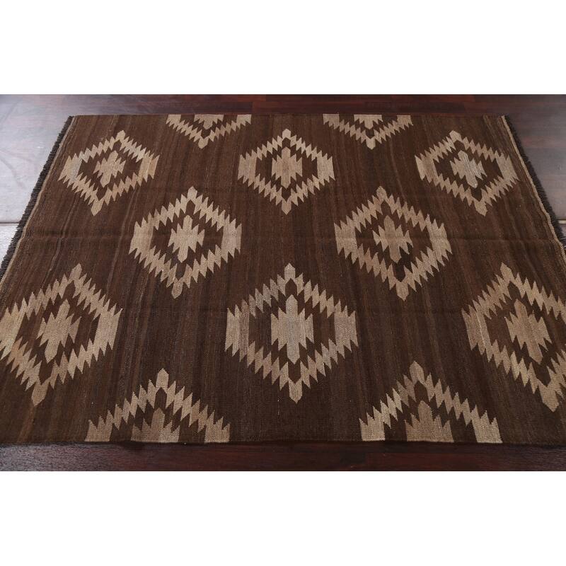 Natural Dye Tribal Geometric Oriental Kilim Area Rug Wool Flat-woven - 4'10" x 6'7"