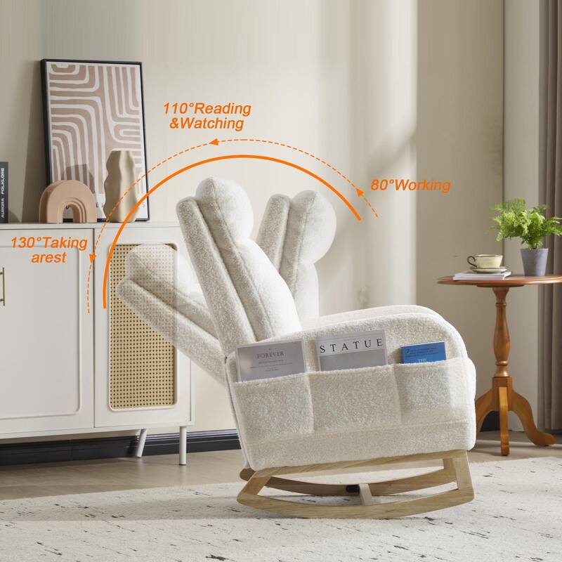 Modern Accent Rocking Chair Rocking Chair with Solid Wood Legs, Upholstered Nursery Glider Rocker Side Pocket and Footrest