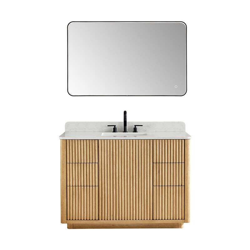 Clayton Bathroom Vanity in Washed Light Brown with Grain White Engineered Stone Countertop with Mirror