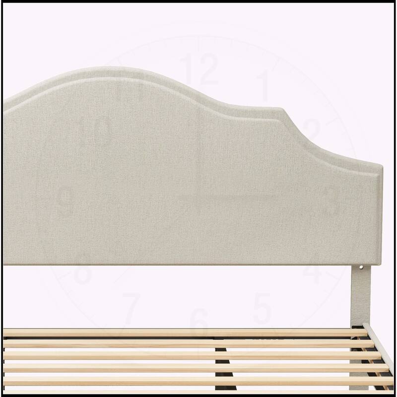 Linen Fabric Padded Platform Bed with Adjustable Headboard