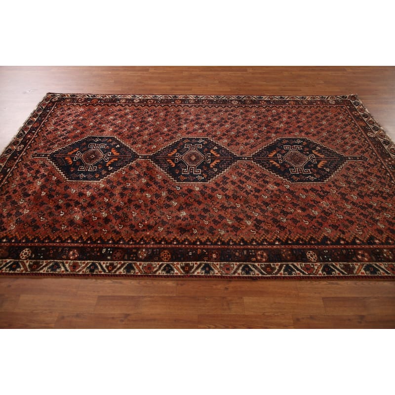 Vegetable Dye Coral Qashqai Persian Antique Rug Handmade Wool Carpet - 5'11"x 9'0"
