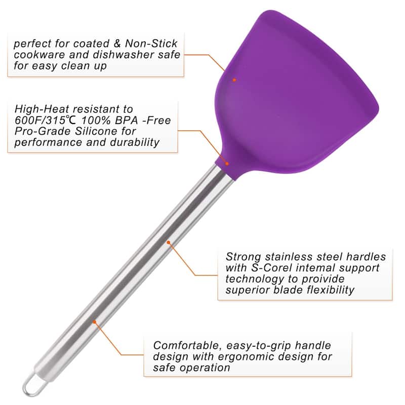 Silicone Turner Spatula Heat Resistant Non Stick for Cooking Baking Purple - 13.6" x 3.9"(L*W)