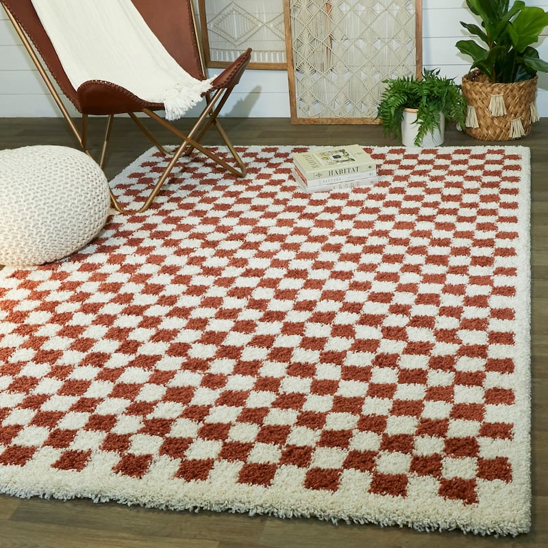 Covey Plush Checkered Thick Shag Area Rug - 5'3" x 7' - Burnt Orange
