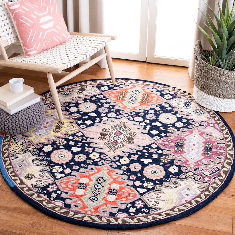 SAFAVIEH Handmade Bellagio Kurumi Modern & Contemporary Oriental Wool - 5' x 5' Round - Navy/Sage - Runner/Round