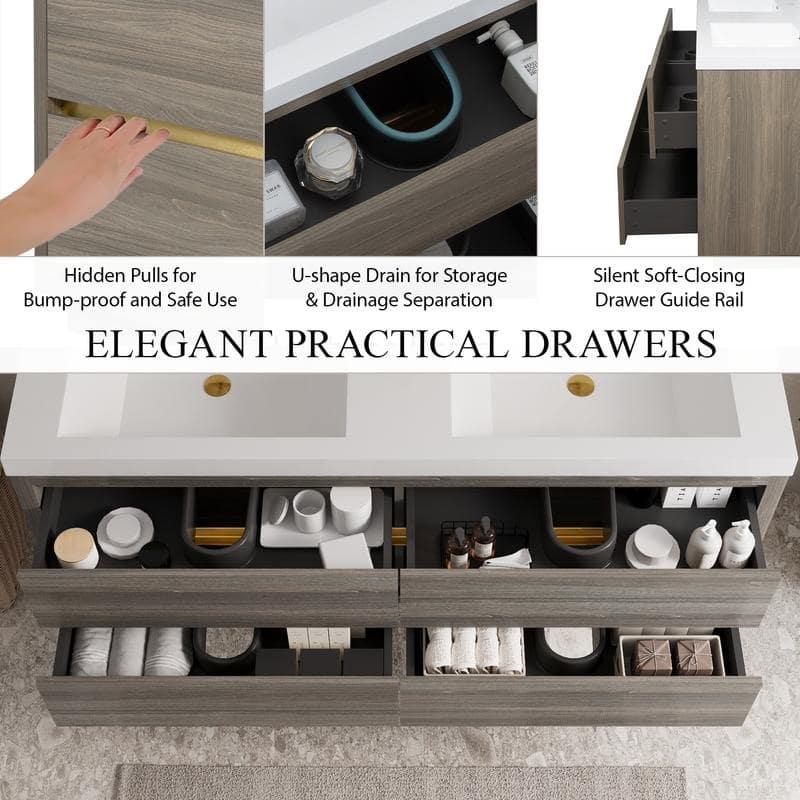 ABRUZZO 60" Floating Bathroom Vanity Double Sink with Stone Resin Top Four Soft Close Drawers