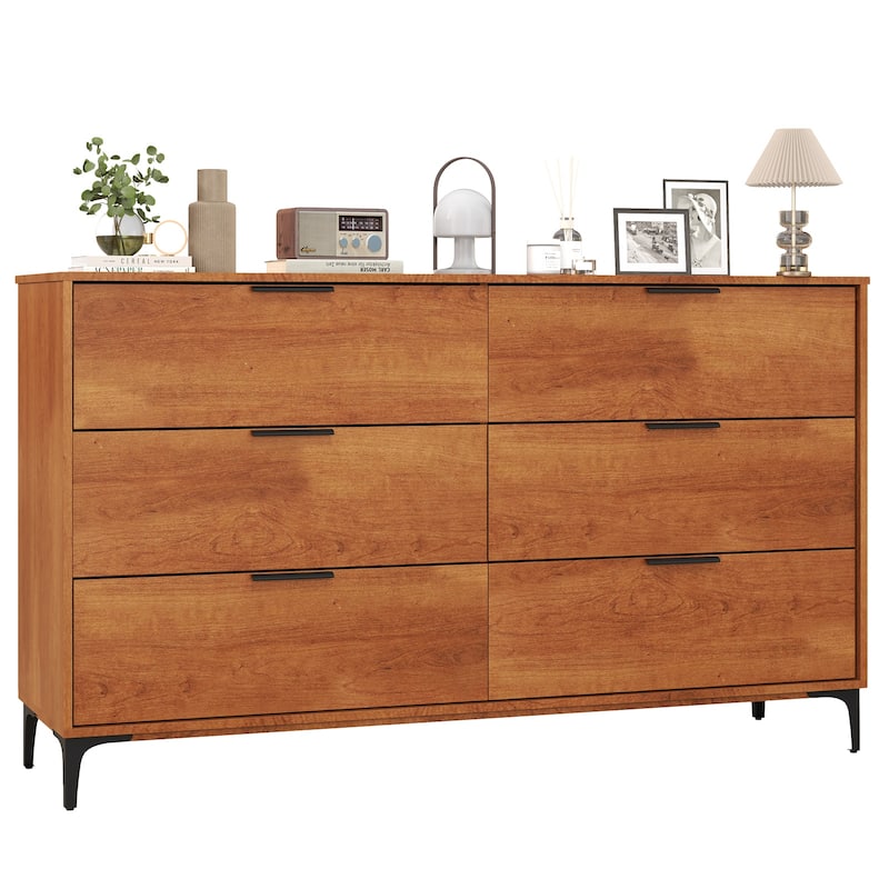 Gymax 6-Drawer Double Dresser w/ Interlock System Metal Support Legs - 6-drawer - Brown