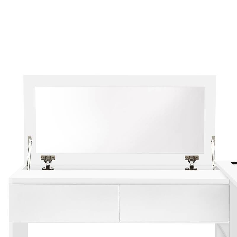 Full Size White Wooden Platform Bed with Drawers, Shelves, and Dressing Table