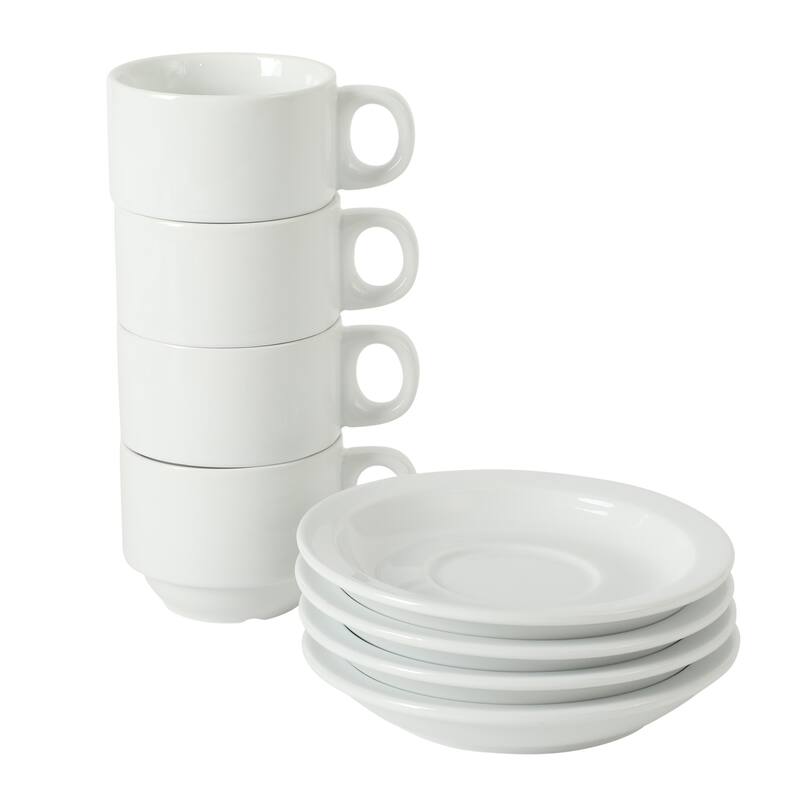 Gibson Home Gracious Dining Cups and Saucers Set of 4, Stackable Coffee Set with Metal Stand for Espresso and Cuppuccino