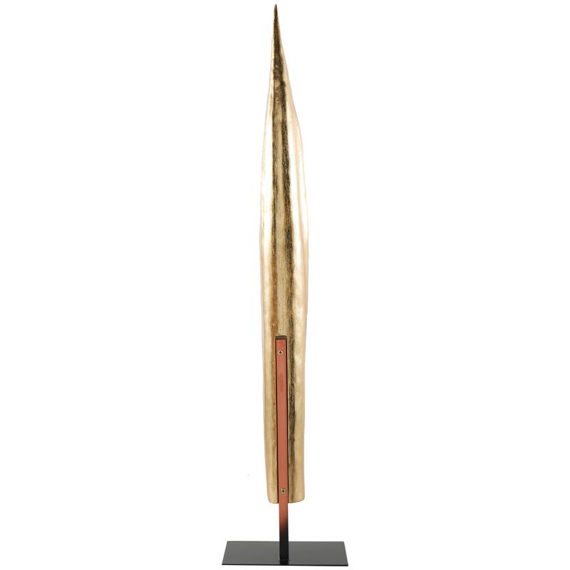 Gold Polystone Slim Abstract Leaf Sculpture with Black Metal Stand