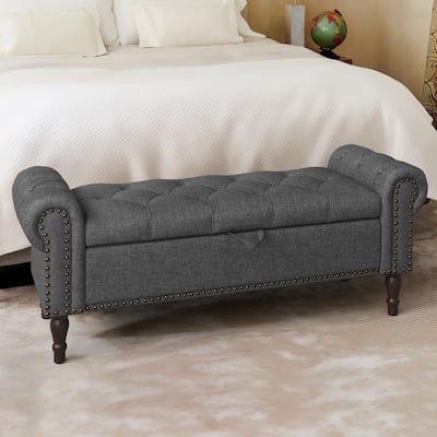 Modern Velvet Upholstered Storage Bench with Silver Nailhead Trim
