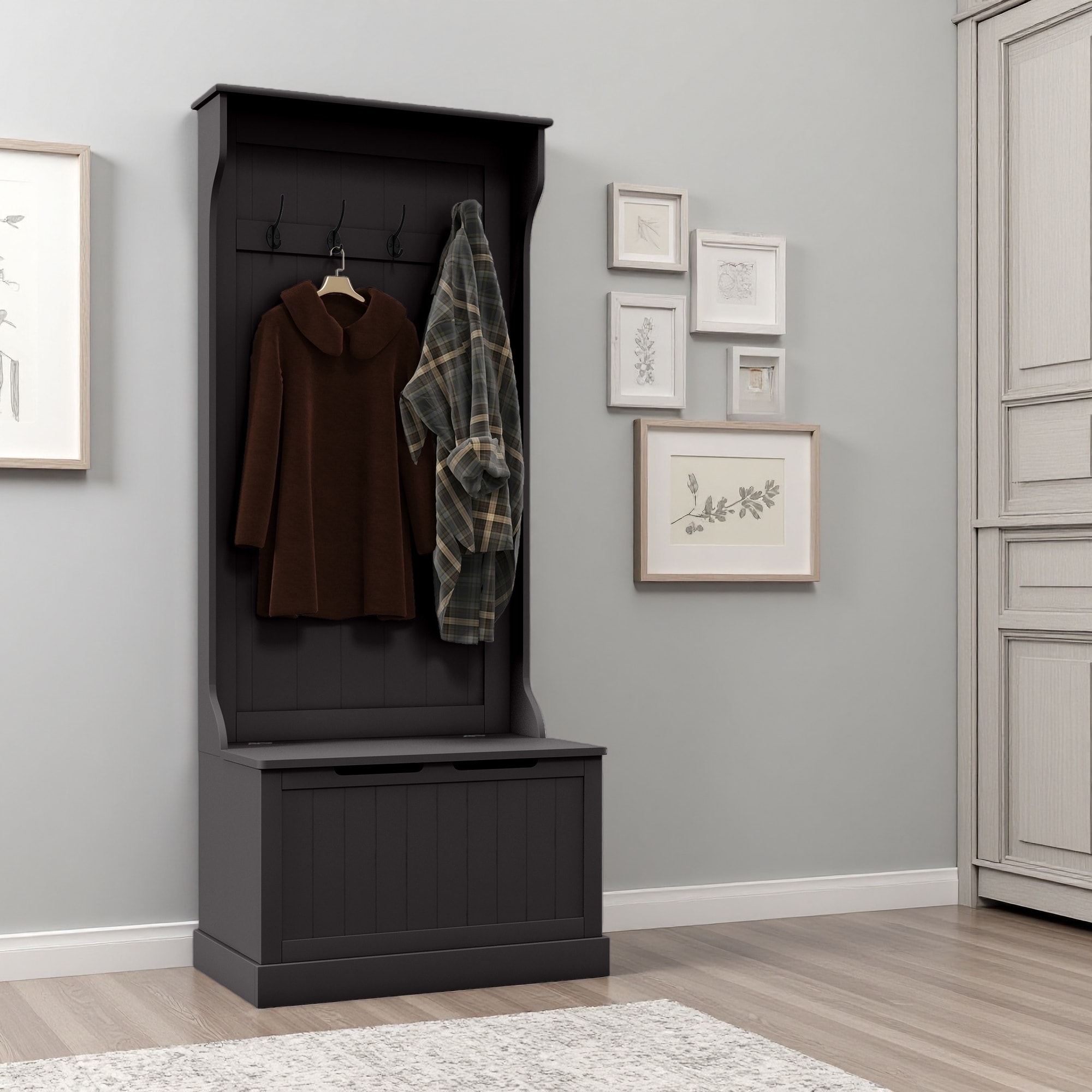 28"L 3-In-1 Entryway Hall Tree, Storage Bench & Coat Hooks