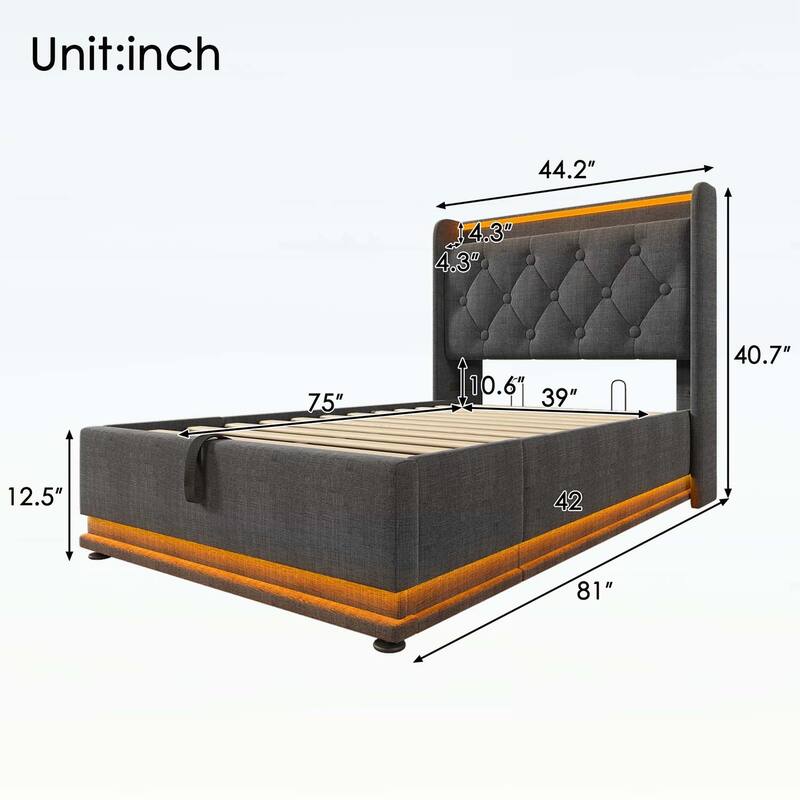 Classic Upholstered Bed with 360 LED Lighting,Hydraulic Storage,and USB Charging