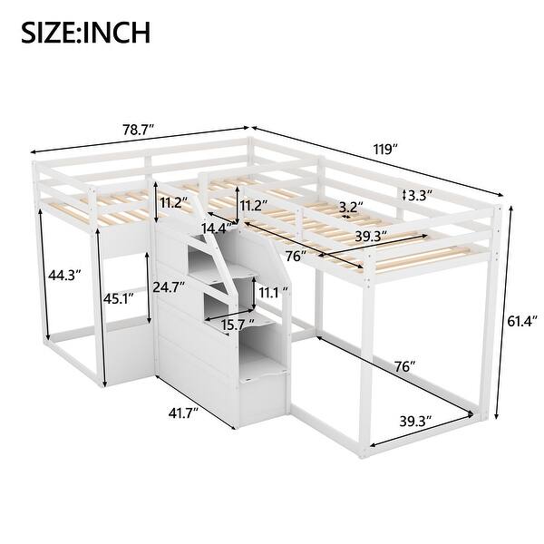 dimension image slide 1 of 2, Pine Wood L-Shaped Bunk Bed with Storage
