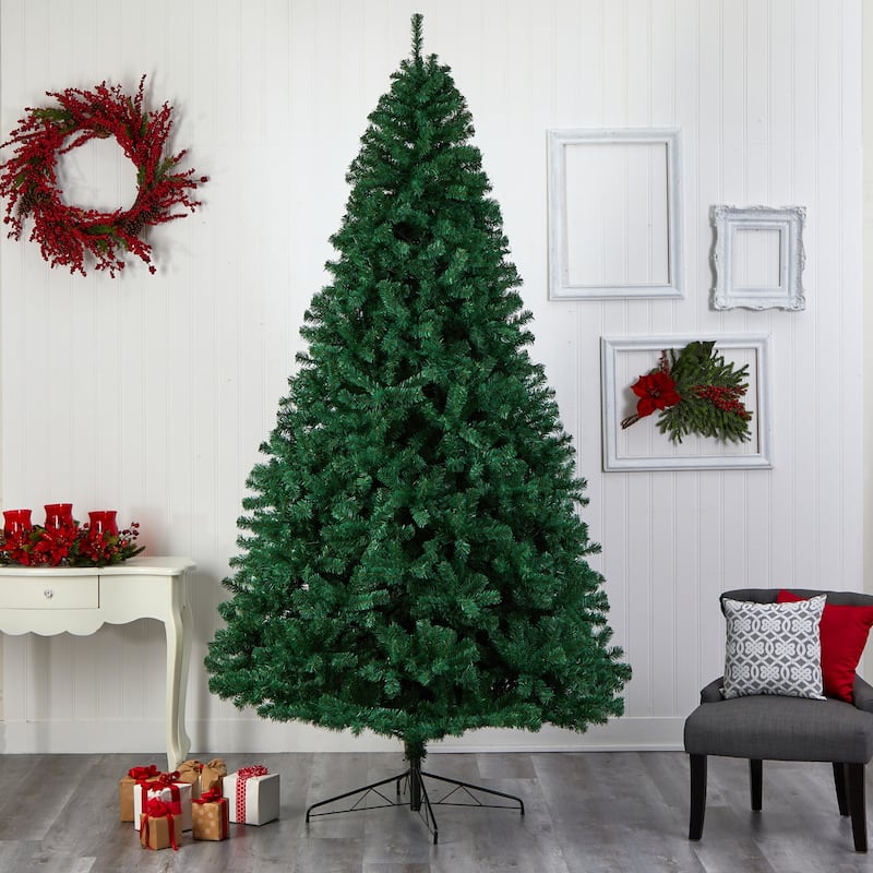 9ft. Slim Artificial Christmas Tree with 650 Clear LED Lights and 1860 Branches - Tall Elegant Holiday X-Mas Centerpiece