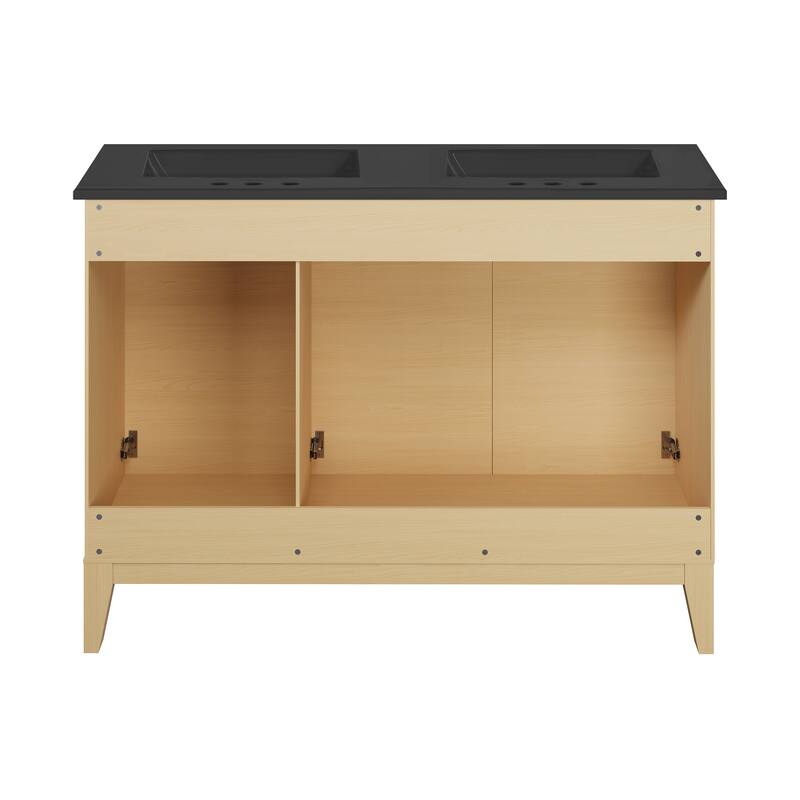 Cascade 48 In. Natural Oak, Double Basin Bathroom Vanity With Black, 3-Hole Ceramic Sink Top