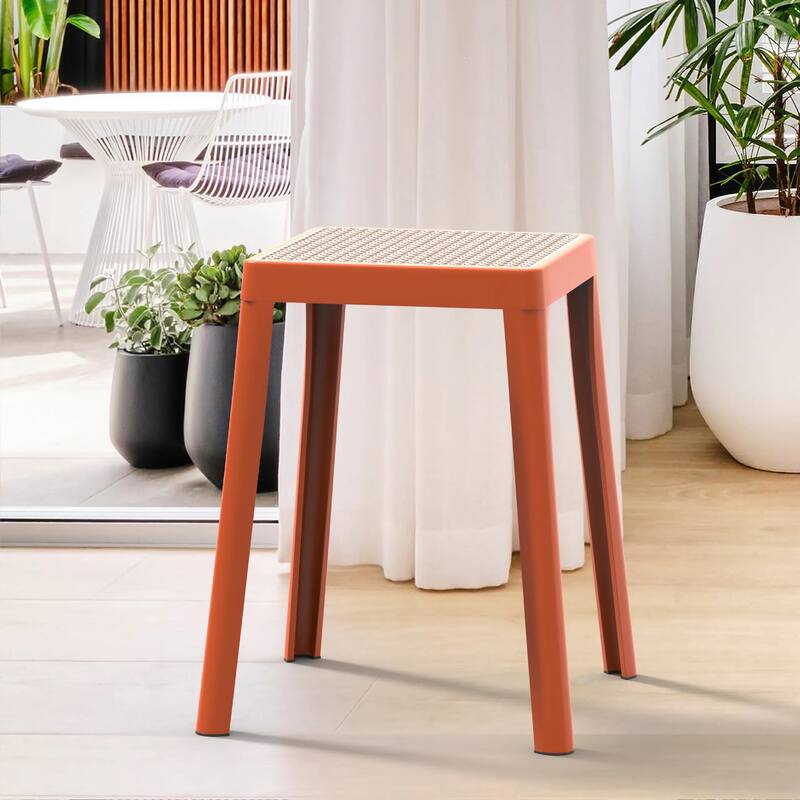 Tresse Modern Stackable Dining Stool with Wicker Seat for Dining Room, Garden, Patio, Indoor or Outdoor Set of 2