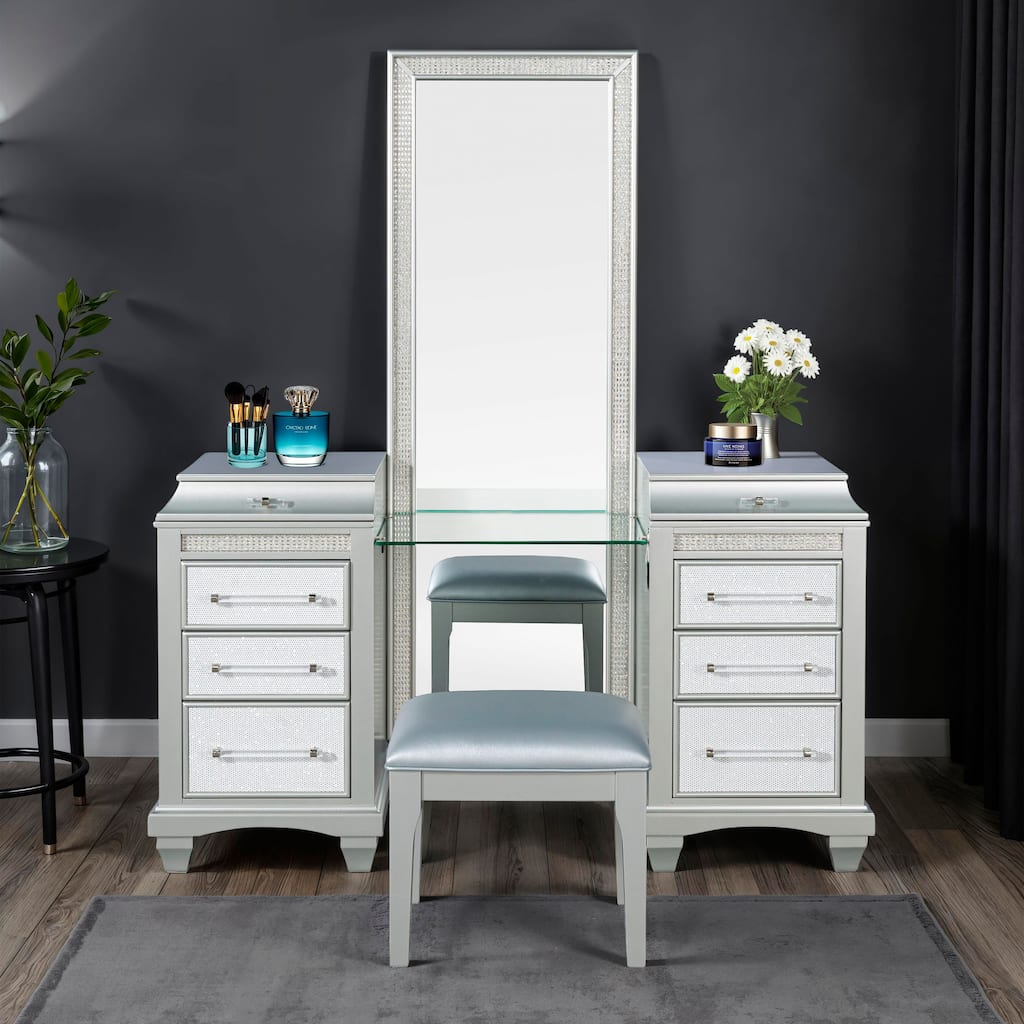 Furniture of America Gala Glam 2-Piece Silver 8-Drawer Vanity Set with LED Light and Full-Length Mirror