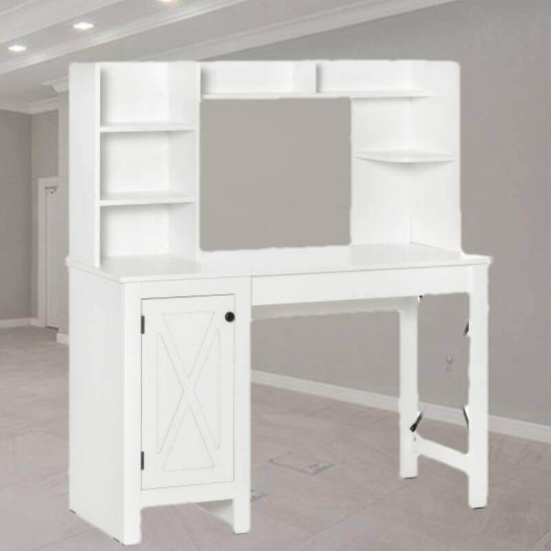 Farmhouse Computer Desk with Hutch and Cabinet, Home Office Desk with Storage and Shelves