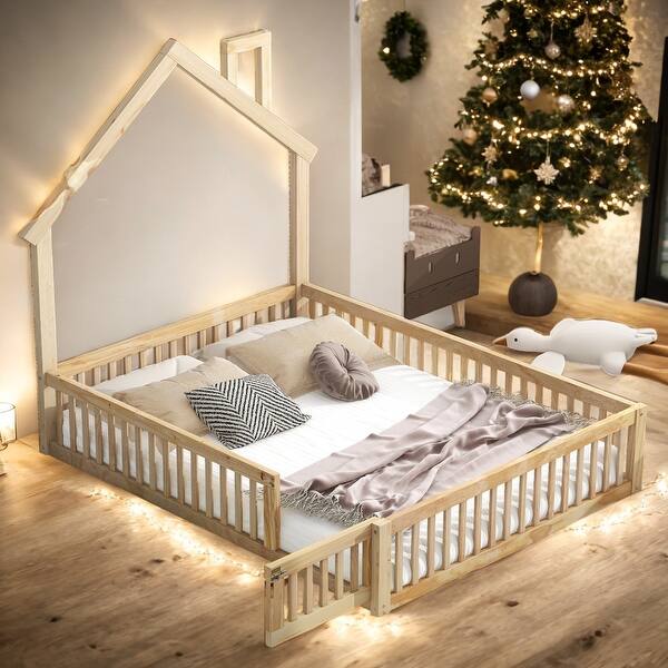 slide 2 of 13, Kids and Baby Full Size Wood House Platform Bed with Guardrail Natural
