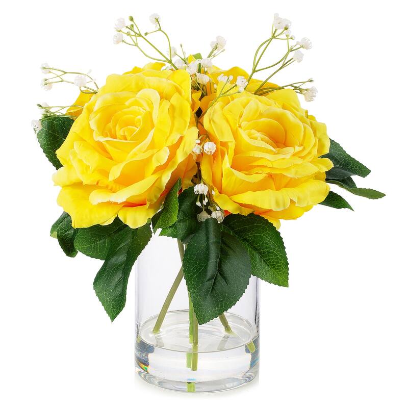 Enova Home 4 Large Silk Rose Flowers in Clear Glass Vase with Faux Water for Home Office Decoration