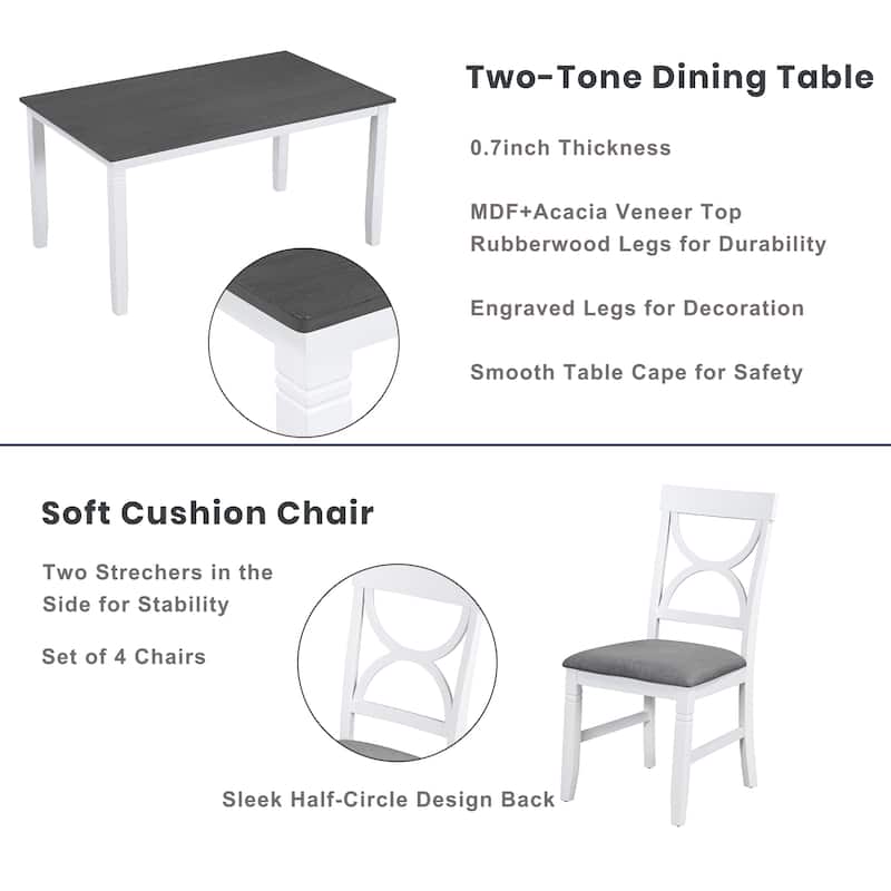 6-Piece Farmhouse Dining Set in Gray & White‌ – Solid Wood Table with Upholstered Bench & 4 Matching Chairs, Perfect.