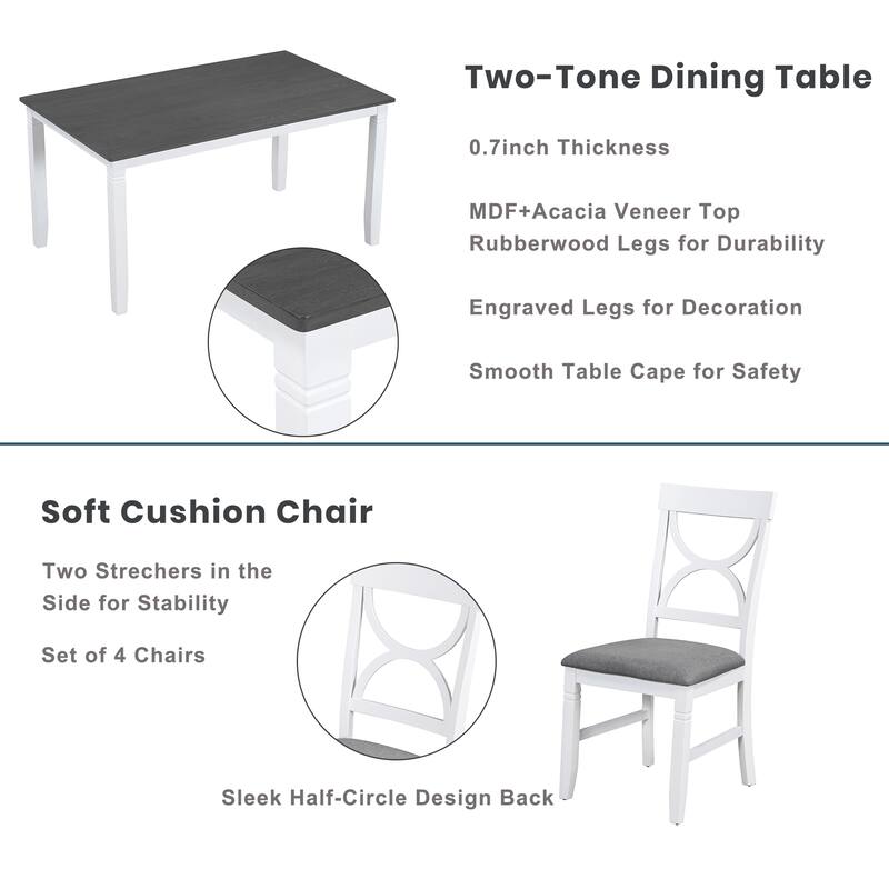White Farmhouse 6-Piece Wooden Dining Table Set with Rectangular Table & 4 Chairs