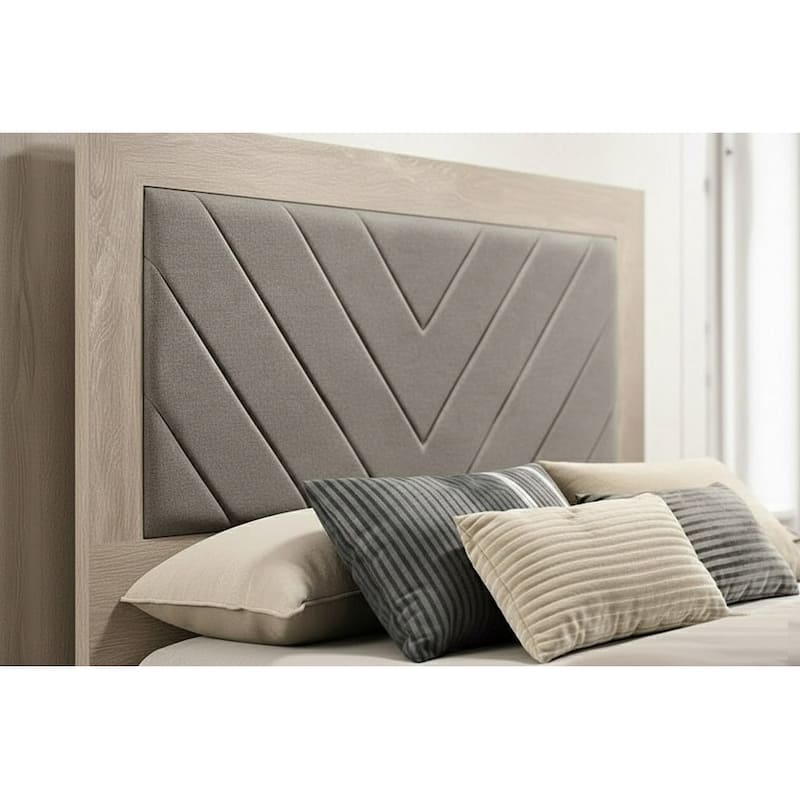 Modern Style 3pc Bed 2x Nightstand Set Padded Headboard Faux Marble Top Cream Finish