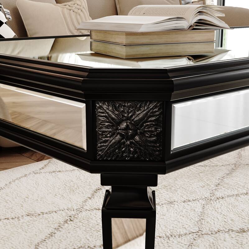 GDF Studio - Lorent Modern Mirrored Coffee Table with Carved Wood Accents
