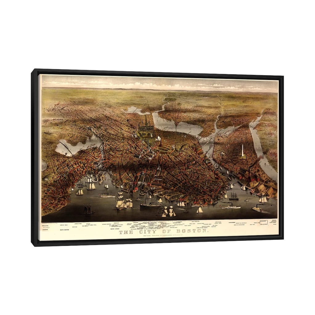 iCanvas "Boston Map, 1873" by Currier & Ives Framed Canvas Print
