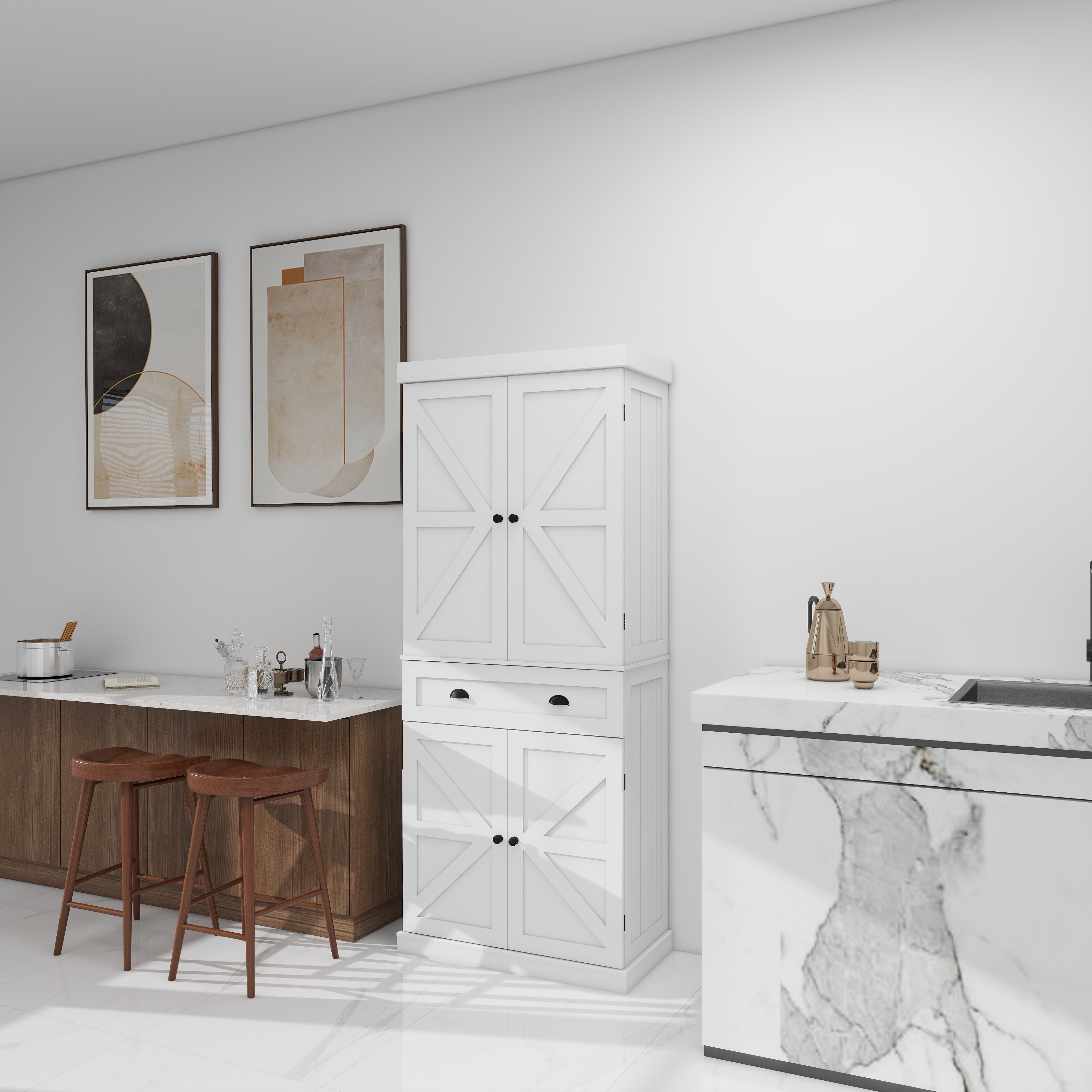 71" Kitchen Pantry Storage Cabinet , With 4 Doors, Drawer, 2 Adjustable Shelves, Freestanding Cupboard For Dining Room