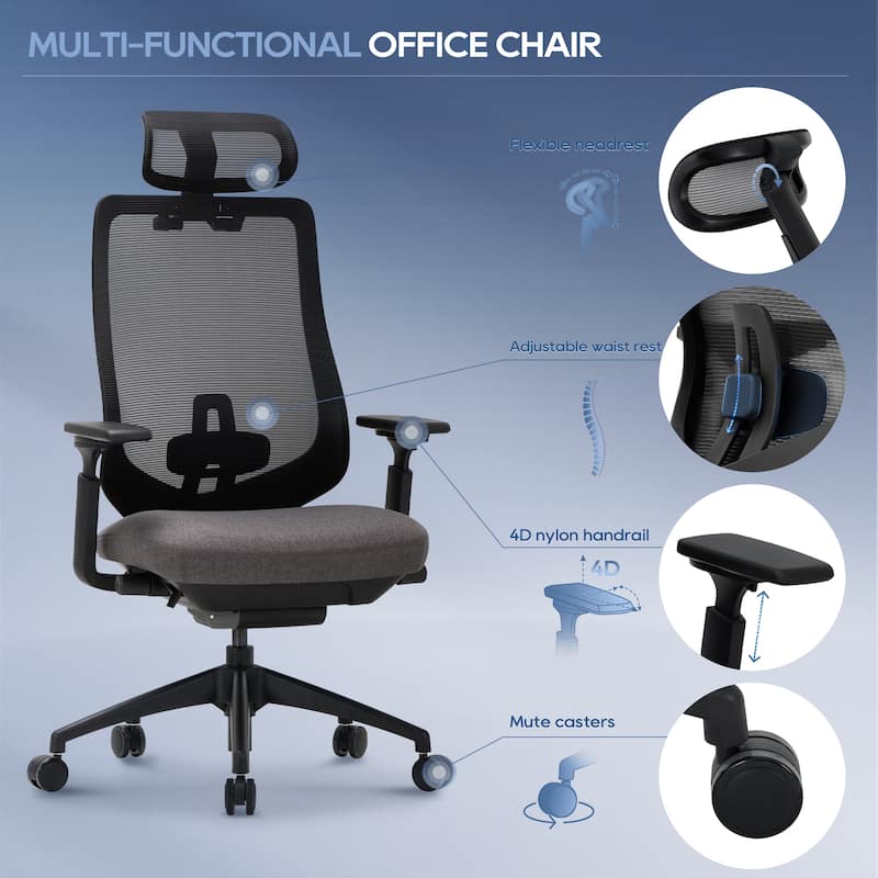 Ergonomic Office Chair, Mesh High Back, 4D Arms, Lumbar Support, Tilt Lock, Black