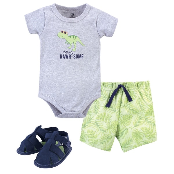 slide 1 of 1, Hudson Baby Infant Boy Cotton Bodysuit, Shorts and Shoe 3pc Set, Rawr-Some Dino 0-3 Months - Rawr-Some Dino