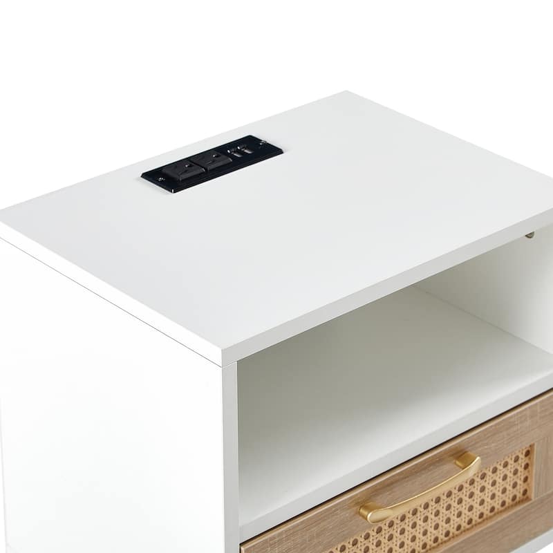 15.75" Rattan End table with Power Outlet & USB Ports, nightstand with drawer and solid wood legs, side table