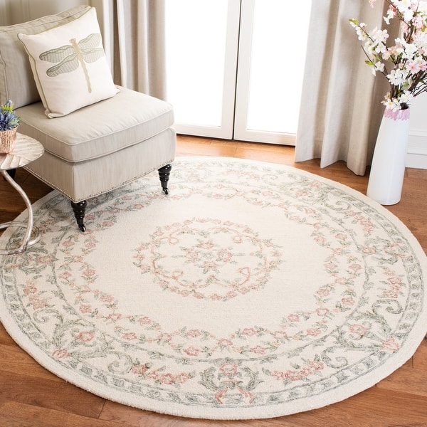 slide 2 of 12, SAFAVIEH Handmade Aubusson Kattie Traditional Oriental Wool Rug 4' Round - Ivory/Pink - Round