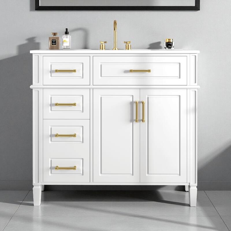 36" Freestanding Bathroom Vanity with Sink, Solid Pinewood & MDF Cabinet, 4 Drawers, 2 Doors, Gold Metal Handles - White